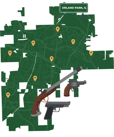 Picture of Orland Park, Illinois City Map with Orland Park sign on it and places that we buy guns from.