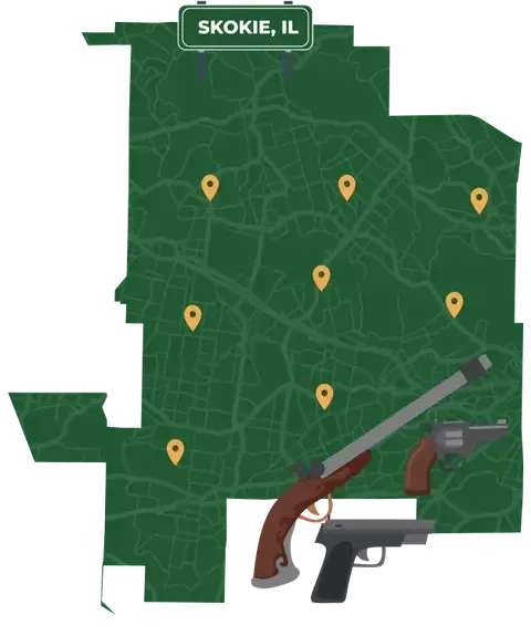 Picture of Skokie, Illinois City Map with Skokie sign on it and places that we buy guns from.