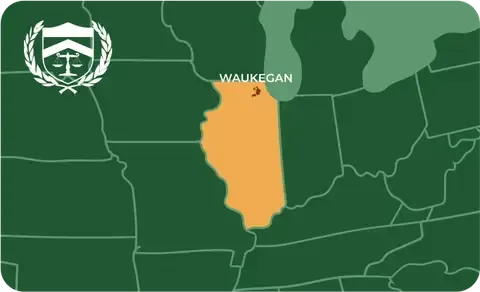 State map with Waukegan, Illinois highlighted, showing that Cash for Arms purchases guns in Waukegan