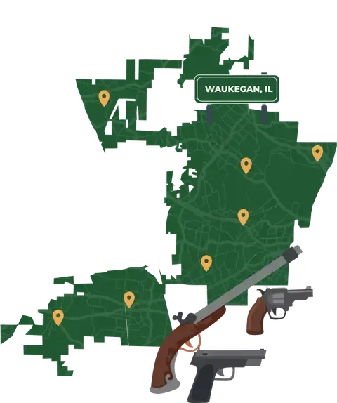 Picture of Waukegan, Illinois City Map with Waukegan sign on it and places that we buy guns from.