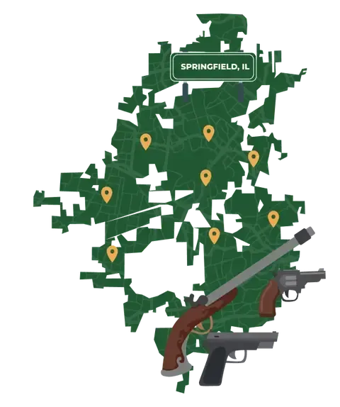 Picture of Springfield, Illinois City Map with Springfield sign on it and places that we buy guns from.
