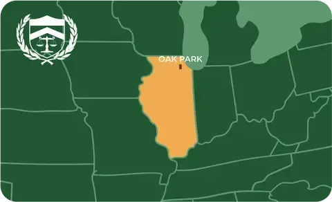 State map with Oak Park, Illinois highlighted, showing that Cash for Arms purchases guns in Oak Park