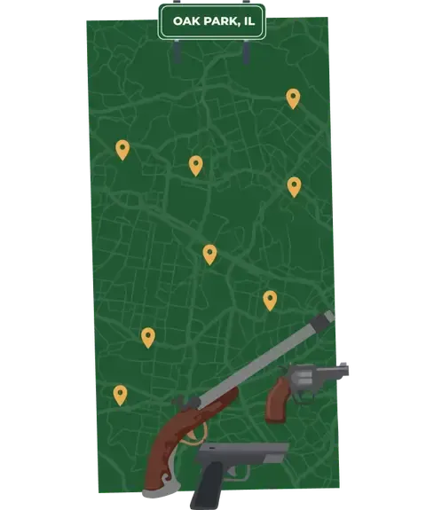 Picture of Oak Park, Illinois City Map with Oak Park sign on it and places that we buy guns from.