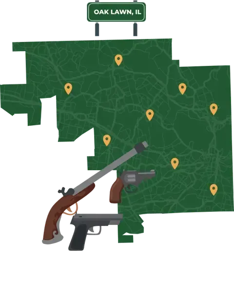 Picture of Oak Lawn, Illinois City Map with Oak Lawn sign on it and places that we buy guns from.