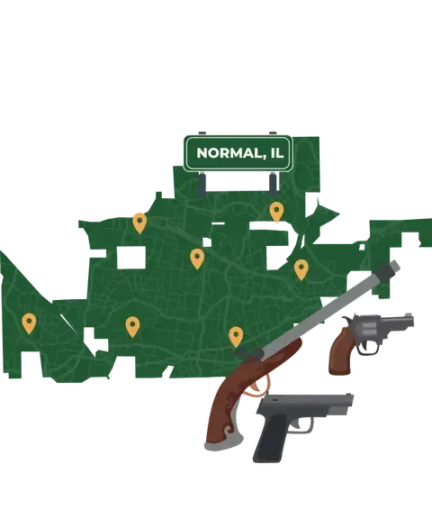 Picture of Normal, Illinois City Map with Normal sign on it and places that we buy guns from.