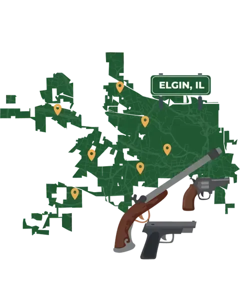 Picture of Elgin, Illinois City Map with Elgin sign on it and places that we buy guns from.