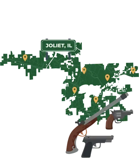 Picture of Joliet, Illinois City Map with Joliet sign on it and places that we buy guns from.