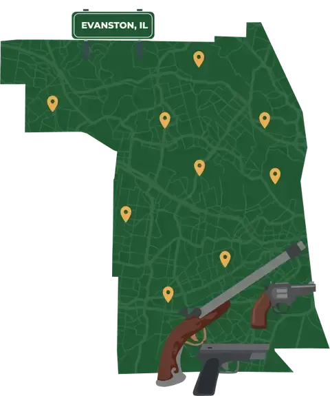 Picture of Evanston, Illinois City Map with Evanston sign on it and places that we buy guns from.