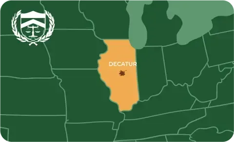 State map with Decatur, Illinois highlighted, showing that Cash for Arms purchases guns in Decatur