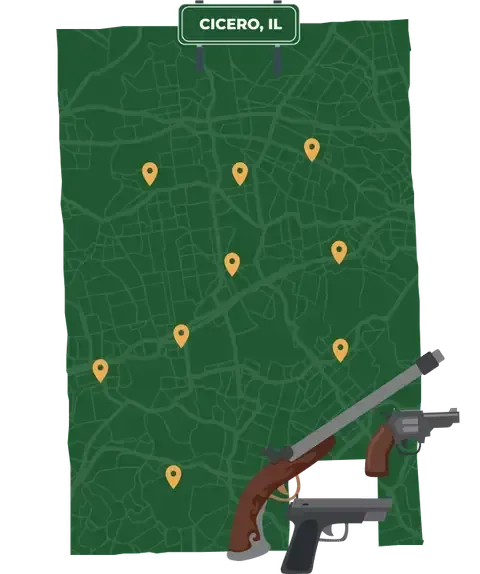 Picture of Cicero, Illinois City Map with Cicero sign on it and places that we buy guns from.