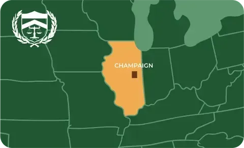 State map with Champaign, Illinois highlighted, showing that Cash for Arms purchases guns in Champaign