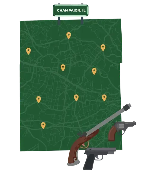 Picture of Champaign, Illinois City Map with Champaign sign on it and places that we buy guns from.