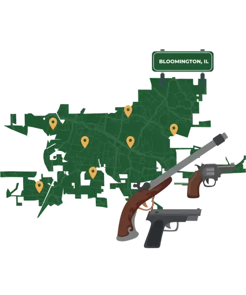 Picture of Bloomington, Illinois City Map with Bloomington sign on it and places that we buy guns from.