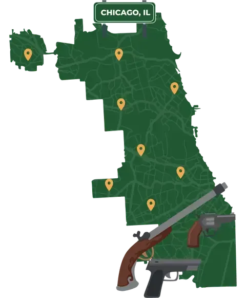 Picture of Chicago, Illinois City Map with Chicago sign on it and places that we buy guns from.