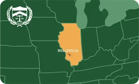 State map with Belleville, Illinois highlighted, showing that Cash for Arms purchases guns in Belleville