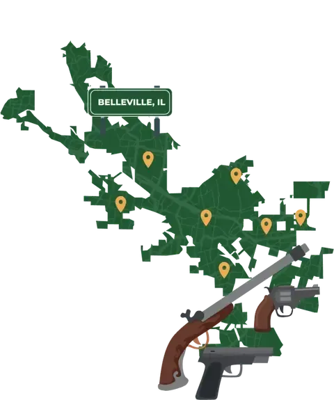 Picture of Belleville, Illinois City Map with Belleville sign on it and places that we buy guns from.
