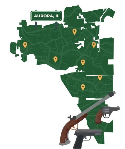 State map with Aurora, Illinois highlighted, showing that Cash for Arms purchases guns in Aurora