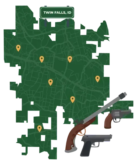 Picture of Twin Falls, Idaho City Map with Twin Falls sign on it and places that we buy guns from.