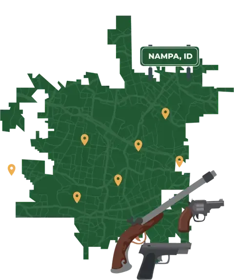 Picture of Nampa, Idaho City Map with Nampa sign on it and places that we buy guns from.