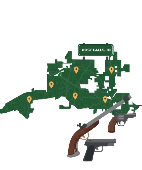 Picture of Post Falls, Idaho City Map with Post Falls sign on it and places that we buy guns from.