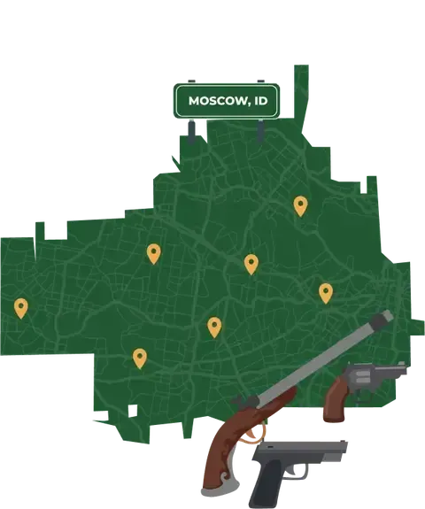 Picture of Moscow, Idaho City Map with Moscow sign on it and places that we buy guns from.