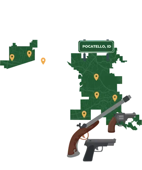 Picture of Pocatello, Idaho City Map with Pocatello sign on it and places that we buy guns from.