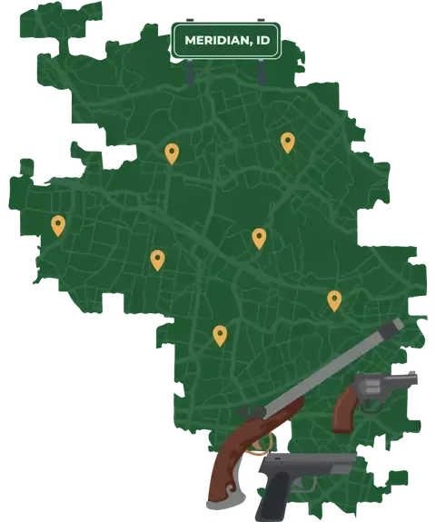 Picture of Meridian, Idaho City Map with Meridian sign on it and places that we buy guns from.