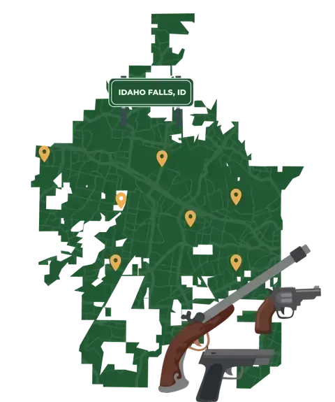 Picture of Idaho Falls, Idaho City Map with Idaho Falls sign on it and places that we buy guns from.