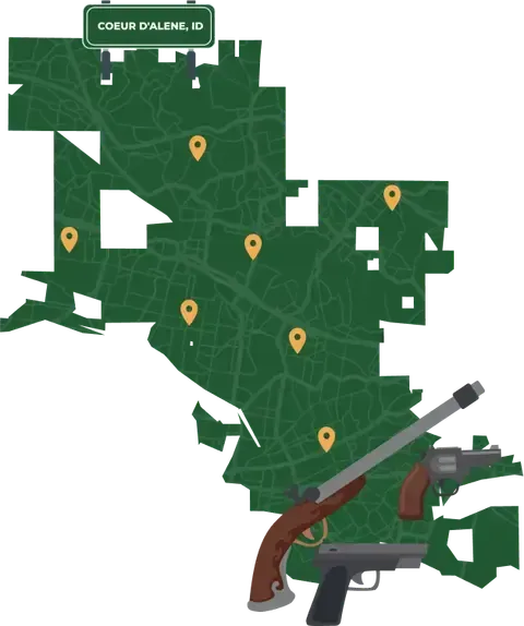 Picture of Coeur d'Alene, Idaho City Map with Coeur d'Alene sign on it and places that we buy guns from.