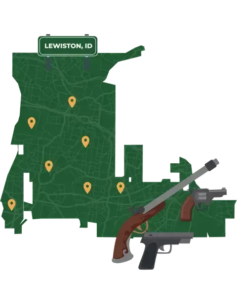 Picture of Lewiston, Idaho City Map with Lewiston sign on it and places that we buy guns from.