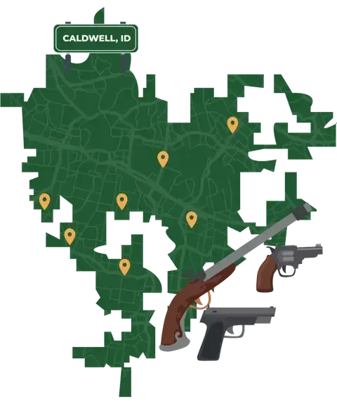 Picture of Caldwell, Idaho City Map with Caldwell sign on it and places that we buy guns from.