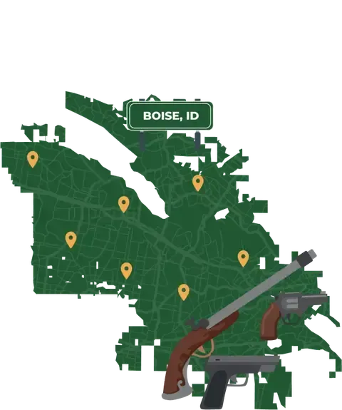 Picture of Boise, Idaho City Map with Boise sign on it and places that we buy guns from.