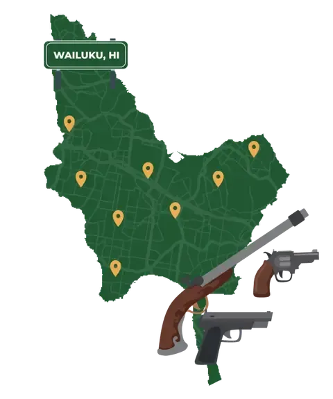 Picture of Wailuku, Hawaii City Map with Wailuku sign on it and places that we buy guns from.