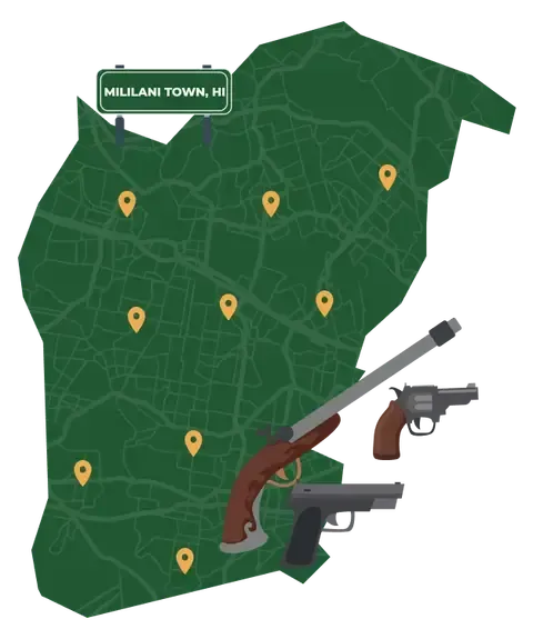 Picture of Mililani Town, Hawaii City Map with Mililani Town sign on it and places that we buy guns from.