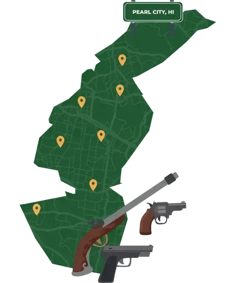 Picture of Pearl City, Hawaii City Map with Pearl City sign on it and places that we buy guns from.