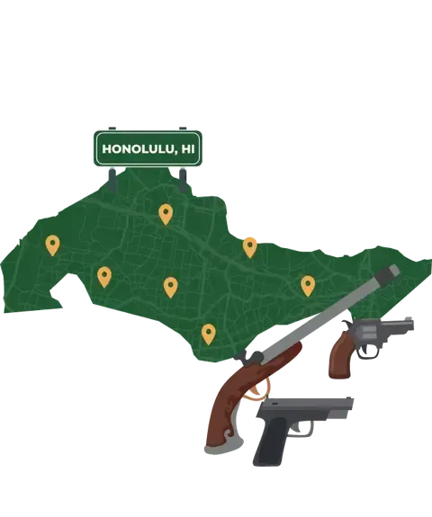 Picture of Honolulu, Hawaii City Map with Honolulu sign on it and places that we buy guns from.