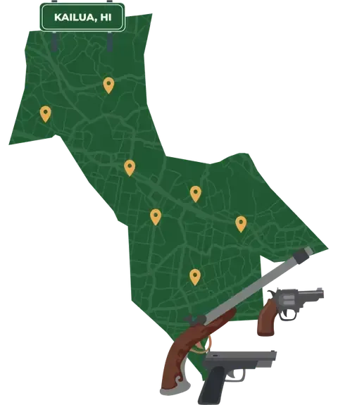 Picture of Kailua, Hawaii City Map with Kailua sign on it and places that we buy guns from.