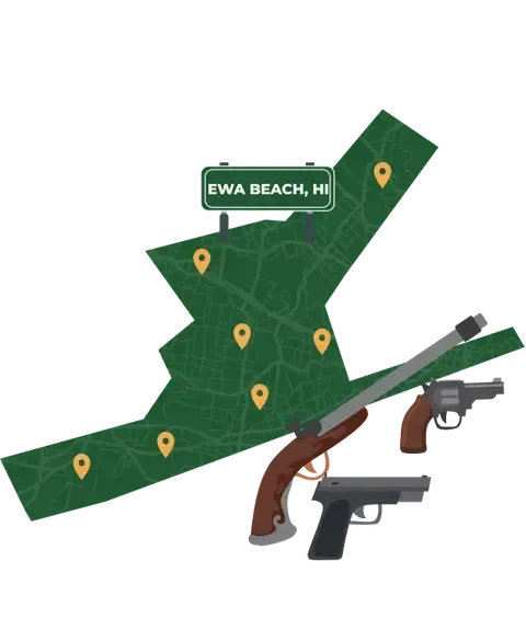 Picture of Ewa Beach, Hawaii City Map with Ewa Beach sign on it and places that we buy guns from.