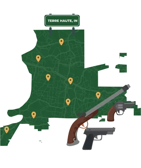 Picture of Terre Haute, Indiana City Map with Terre Haute sign on it and places that we buy guns from.