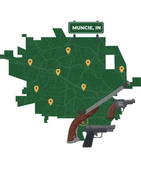 Picture of Muncie, Indiana City Map with Muncie sign on it and places that we buy guns from.