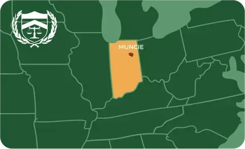 State map with Muncie, Indiana highlighted, showing that Cash for Arms purchases guns in Muncie