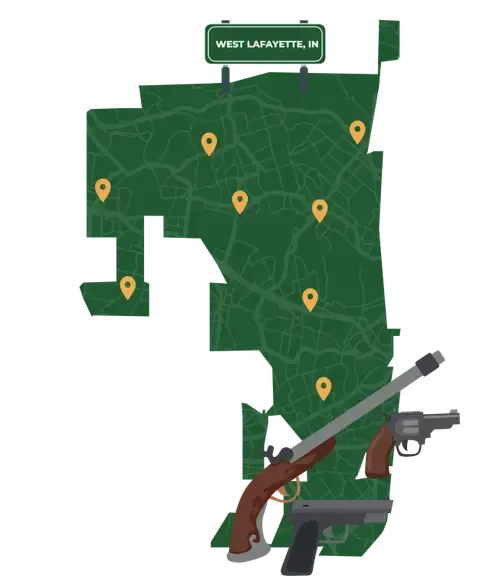 Picture of West Lafayette, Indiana City Map with West Lafayette sign on it and places that we buy guns from.