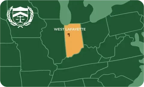 State map with West Lafayette, Indiana highlighted, showing that Cash for Arms purchases guns in West Lafayette