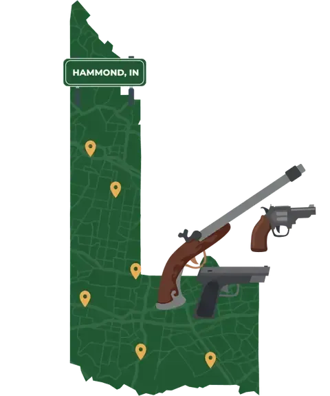 Picture of Hammond, Indiana City Map with Hammond sign on it and places that we buy guns from.