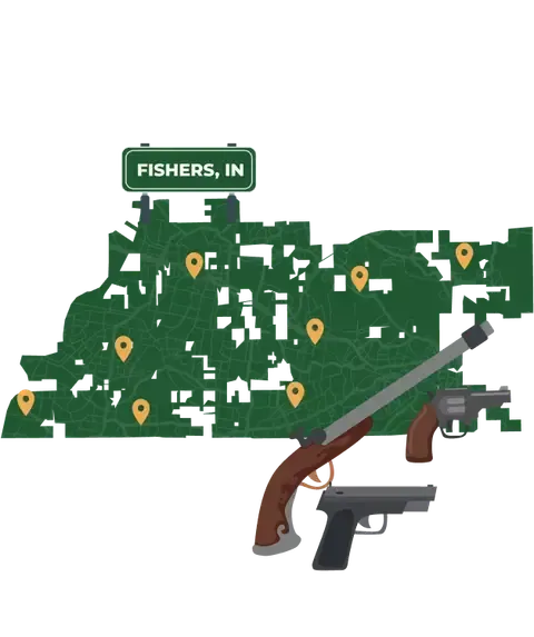 Picture of Fishers, Indiana City Map with Fishers sign on it and places that we buy guns from.