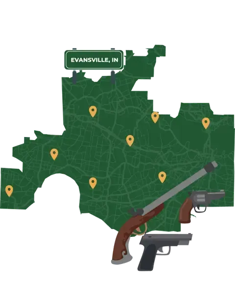 Picture of Evansville, Indiana City Map with Evansville sign on it and places that we buy guns from.