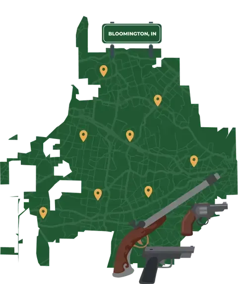 Picture of Bloomington, Indiana City Map with Bloomington sign on it and places that we buy guns from.