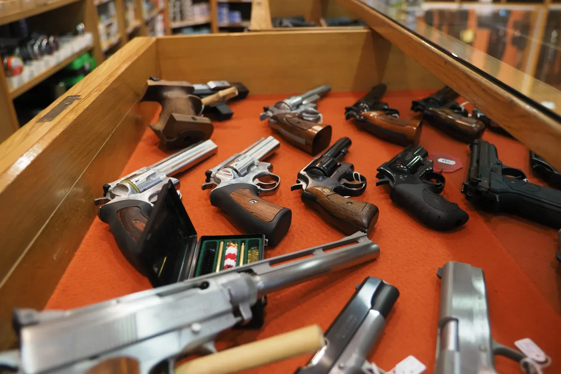A collection of handguns on display
