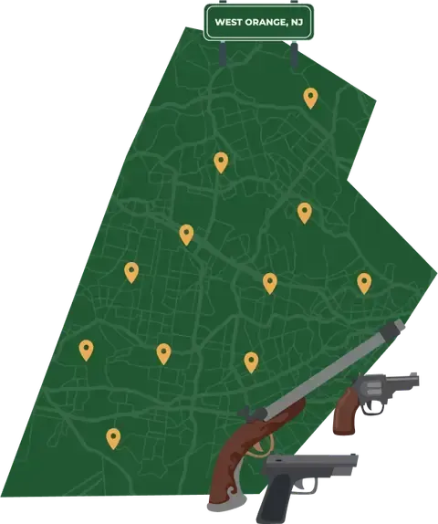 Picture of West Orange, New Jersey City Map with West Orange sign on it and places that we buy guns from.