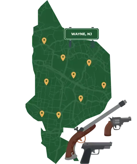 Picture of Wayne, New Jersey City Map with Wayne sign on it and places that we buy guns from.